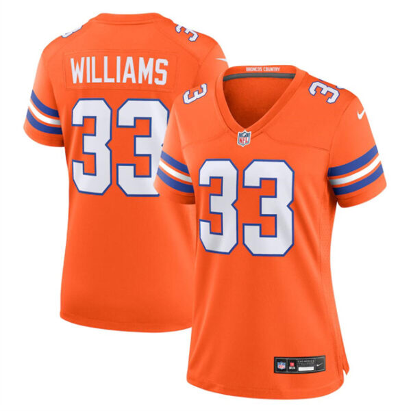 Women's Denver Broncos #33 Javonte Williams Orange Mile High Collection 1977 Throwback Stitched Jersey(Run Small)