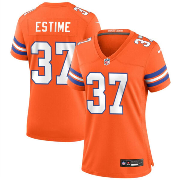 Women's Denver Broncos #37 Audric Estime Orange Mile High Collection 1977 Throwback Stitched Jersey(Run Small)