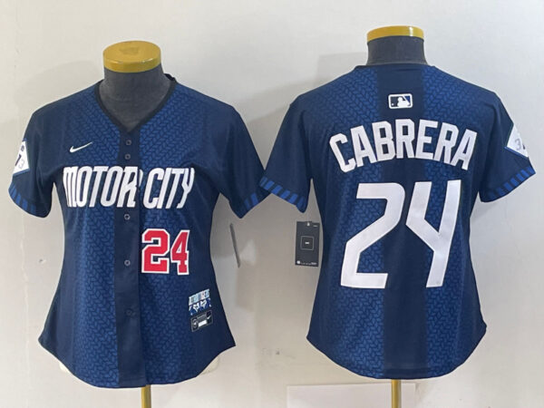 Women's Detroit Tigers #24 Miguel Cabrera 2024 Navy City Connect Cool Base Limited Stitched Baseball Jersey(Run Small)