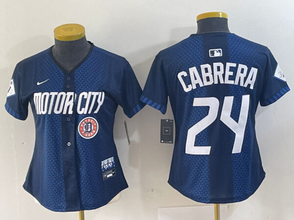 Women's Detroit Tigers #24 Miguel Cabrera 2024 Navy City Connect Cool Base Limited Stitched Baseball Jersey(Run Small)