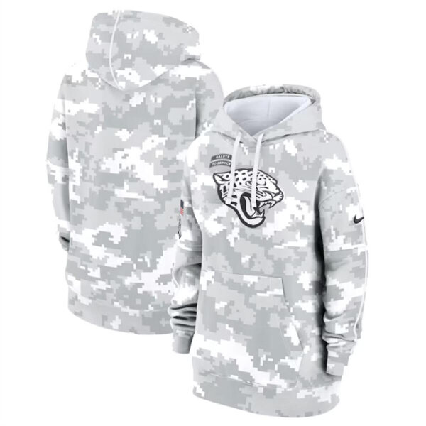 Women's Jacksonville Jaguars 2024 Arctic Camo Salute To Service Club Fleece Pullover Hoodie(Run Small)