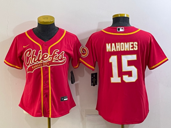 Women's Kansas City Chiefs #15 Patrick Mahomes Red With Patch Cool Base Stitched Baseball Jersey(Run Small)