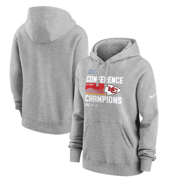 Women's Kansas City Chiefs Gray 2022 AFC Champions Performance Pullover Hoodie(Run Small)