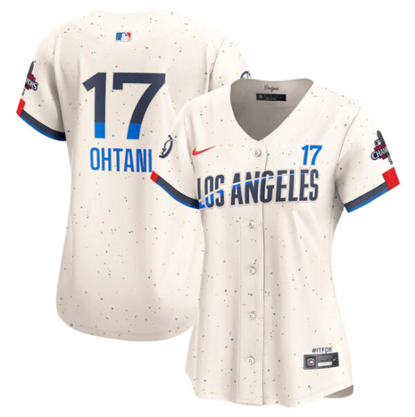 Women's Los Angeles Dodgers #17 Shohei Ohtani Cream 2024 World Series Champions City Connect Limited Stitched Baseball Jersey(Run Small)