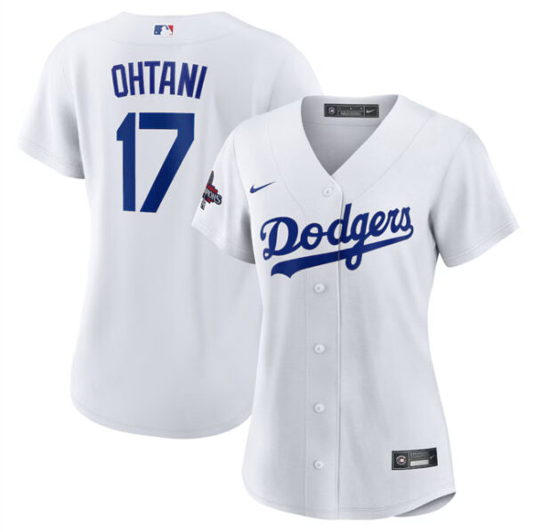 Women's Los Angeles Dodgers #17 Shohei Ohtani White 2024 World Series Champions Cool Base Stitched Baseball Jersey(Run Small)