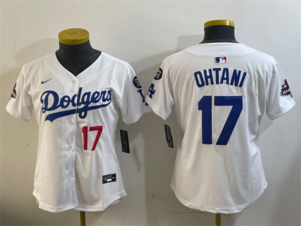 Women's Los Angeles Dodgers #17 Shohei Ohtani White 2024 World Series Champions With Fernando Memorial Patch Home Limited Stitched Baseball Jersey(Run Small)