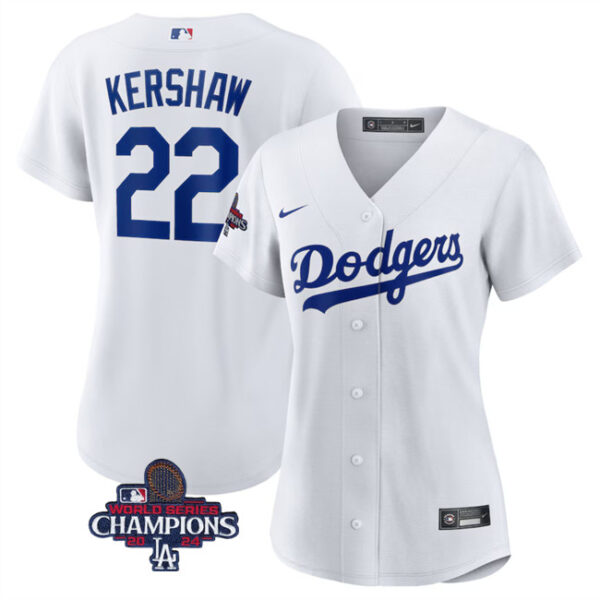 Women's Los Angeles Dodgers #22 Clayton Kershaw White 2024 World Series Champions Cool Base Stitched Baseball Jersey(Run Small)