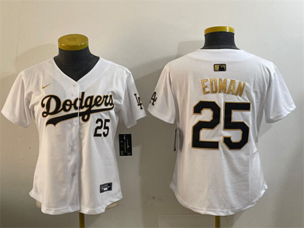 Women's Los Angeles Dodgers #25 Tommy Edman White Gold Home Limited Stitched Baseball Jersey(Run Small)