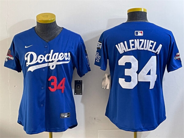 Women's Los Angeles Dodgers #34 Toro Valenzuela Royal 2024 World Series Champions With Fernando Memorial Patch Alternate Limited Stitched Baseball Jersey(Run Small)