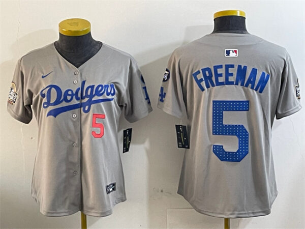 Women's Los Angeles Dodgers #5 Freddie Freeman Grey 2024 World Series With Fernando Memorial Patch Limited Stitched Baseball Jersey(Run Small)