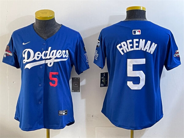 Women's Los Angeles Dodgers #5 Freddie Freeman Royal 2024 World Series Champions With Fernando Memorial Patch Alternate Limited Stitched Baseball Jersey(Run Small)