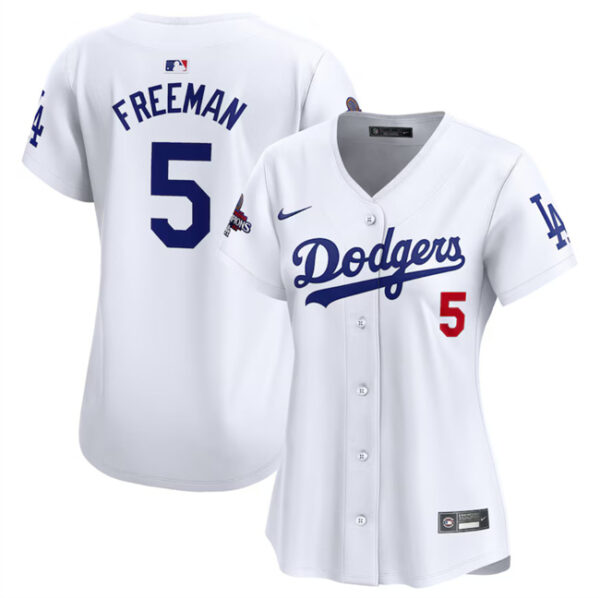 Women's Los Angeles Dodgers #5 Freddie Freeman White 2024 World Series Champions Home Limited Stitched Baseball Jersey(Run Small)