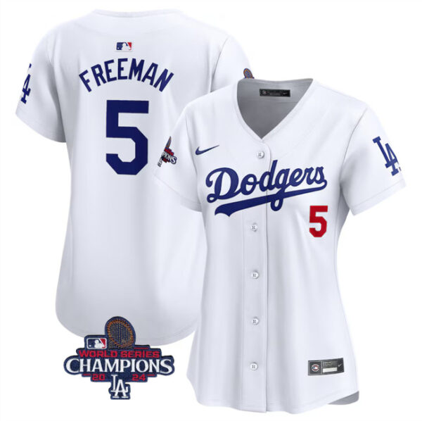 Women's Los Angeles Dodgers #5 Freddie Freeman White 2024 World Series Champions Home Limited Stitched Baseball Jersey(Run Small)