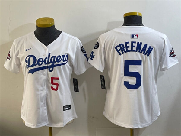 Women's Los Angeles Dodgers #5 Freddie Freeman White 2024 World Series Champions With Fernando Memorial Patch Home Limited Stitched Baseball Jersey(Run Small)