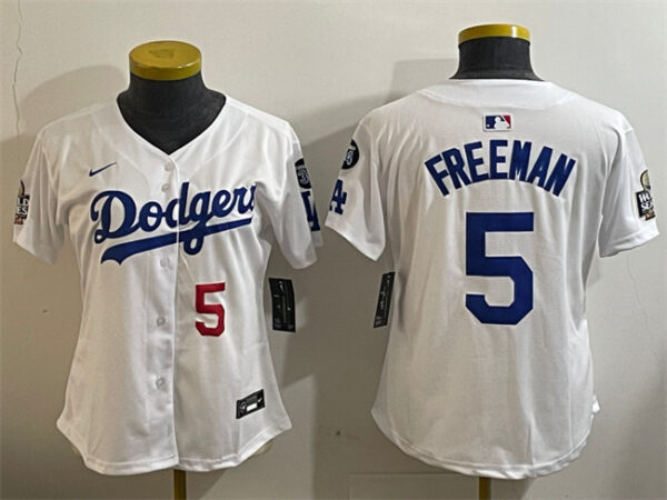 Women's Los Angeles Dodgers #5 Freddie Freeman White 2024 World Series With Fernando Memorial Patch Home Limited Stitched Baseball Jersey(Run Small)