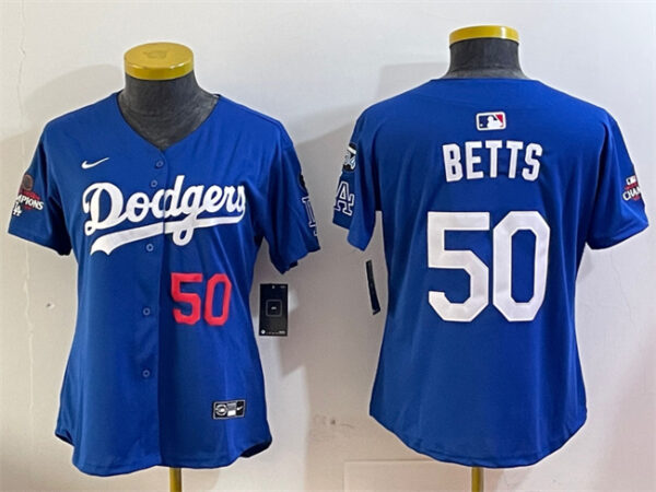 Women's Los Angeles Dodgers #50 Mookie Betts Royal 2024 World Series Champions With Fernando Memorial Patch Alternate Limited Stitched Baseball Jersey(Run Small)