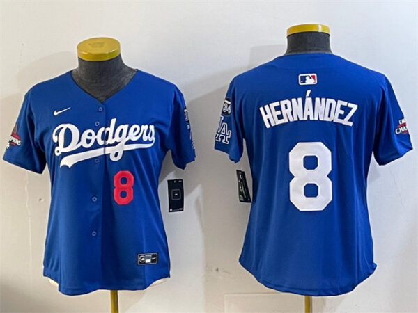 Women's Los Angeles Dodgers #8 Enrique Hernandez Royal 2024 World Series Champions With Fernando Memorial Patch Alternate Limited Stitched Baseball Jersey(Run Small)