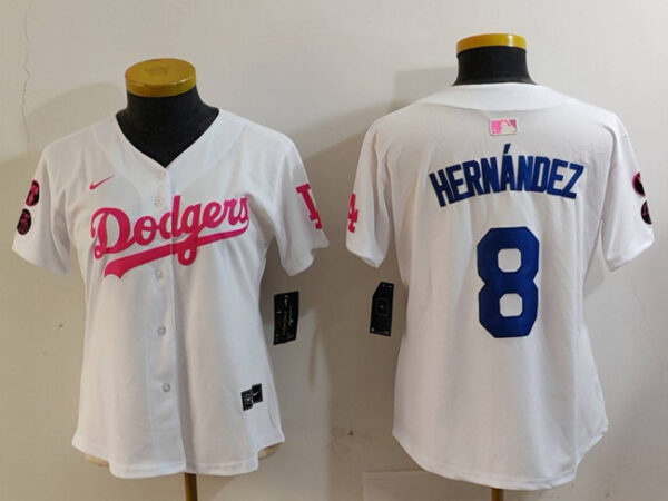 Women's Los Angeles Dodgers #8 Enrique Hernandez White Pink Vin & Kobe Patch Stitched Baseball Jersey(Run Small)