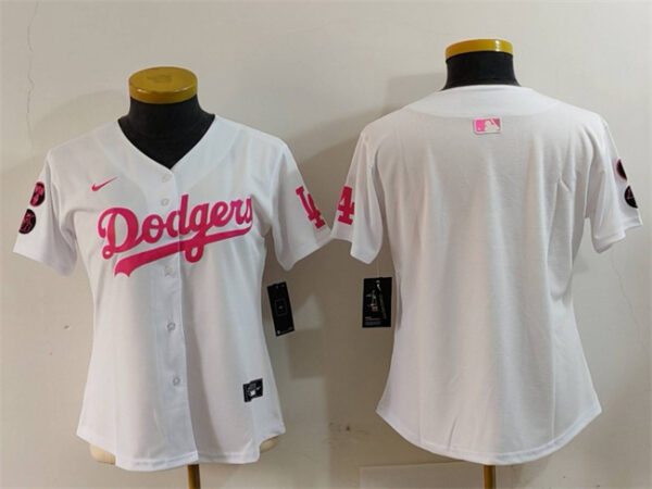 Women's Los Angeles Dodgers Blank White Pink Vin & Kobe Patch Stitched Baseball Jersey(Run Small)