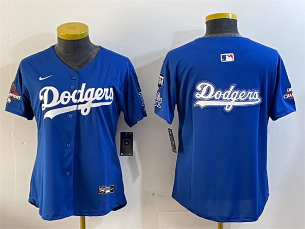 Women's Los Angeles Dodgers Team Big Logo Royal 2024 World Series Champions With Fernando Memorial Patch Alternate Limited Stitched Baseball Jersey(Run Small)