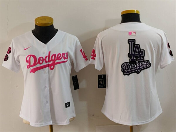 Women's Los Angeles Dodgers Team Big Logo White Pink Vin & Kobe Patch Stitched Baseball Jersey(Run Small)