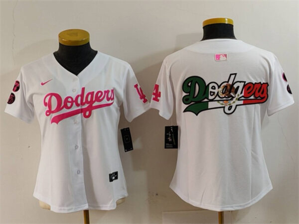 Women's Los Angeles Dodgers Team Big Logo White Pink Vin & Kobe Patch Stitched Baseball Jersey(Run Small)