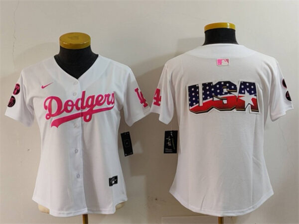 Women's Los Angeles Dodgers Team Big Logo White Pink Vin & Kobe Patch Stitched Baseball Jersey(Run Small)