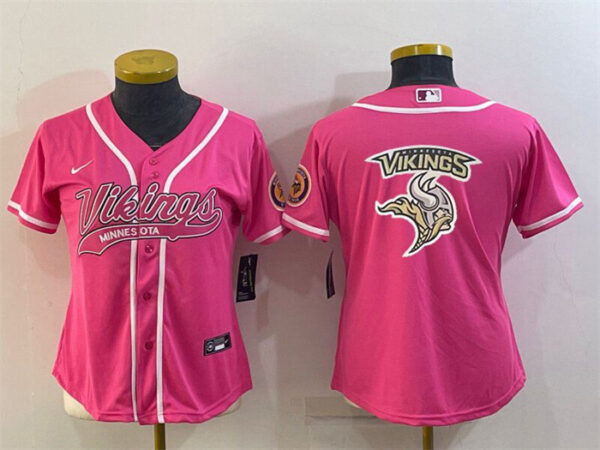 Women's Minnesota Vikings Pink Team Big Logo With Patch Cool Base Stitched Baseball Jersey(Run Small)