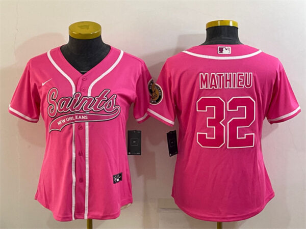 Women's New Orleans Saints #32 Tyrann Mathieu Pink With Patch Cool Base Stitched Baseball Jersey(Run Small)