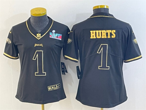 Women's Philadelphia Eagles #1 Jalen Hurts Black Golden Edition Super Bowl LVII Patch Stitched Football Jersey(Run Small)