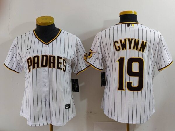 Women's San Diego Padres #19 19 Tony Gwynn White With PS Patch Cool Base Stitched Baseball Jersey