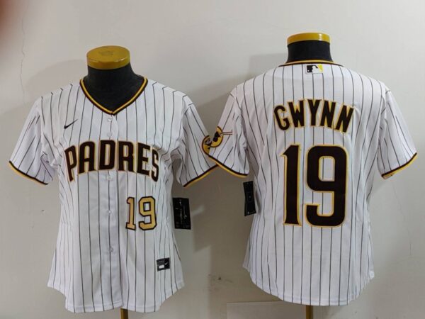 Women's San Diego Padres #19 19 Tony Gwynn White With PS Patch Cool Base Stitched Baseball Jerseys