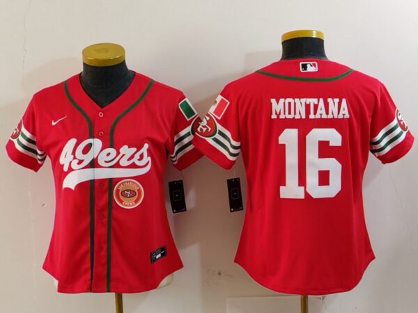 Women's San Francisco 49ers #16 Joe Montana Red Mexico With Patch Cool Base Stitched Baseball Jersey(Run Small)