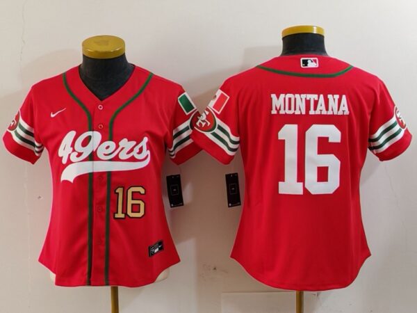 Women's San Francisco 49ers #16 Joe Montana Red Mexico With Patch Cool Base Stitched Baseball Jersey(Run Small)