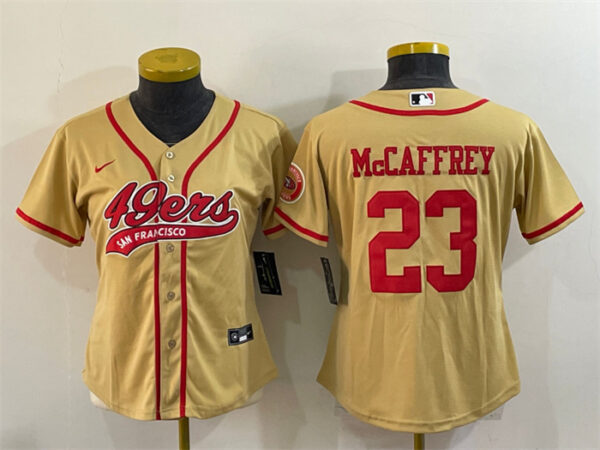 Women's San Francisco 49ers #23 Christian McCaffrey Gold With Patch Cool Base Stitched Baseball Jersey(Run Small)