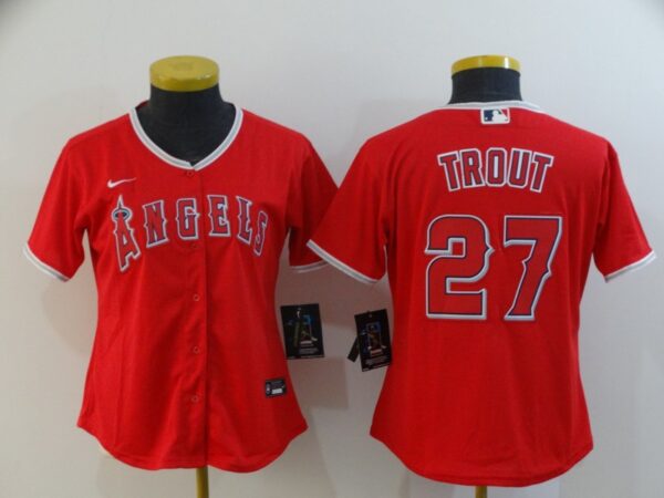 Women Angels 27 Mike Trout Red Women 2020 Nike Cool Base Jersey