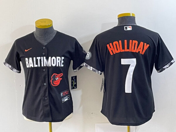 Women Baltimore Orioles #7 Jackson Holliday Black 2023 City Connect Cool base jerseys