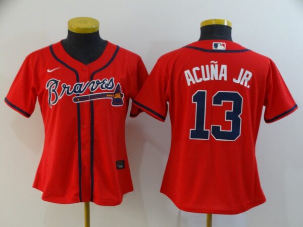 Women Braves 13 Ronald Acuna Jr. Red Women 2020 Nike Cool Base Jersey