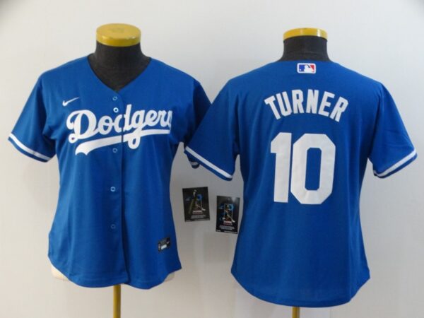 Women Dodgers 10 Justin Turner Royal Women 2020 Nike Cool Base Jersey