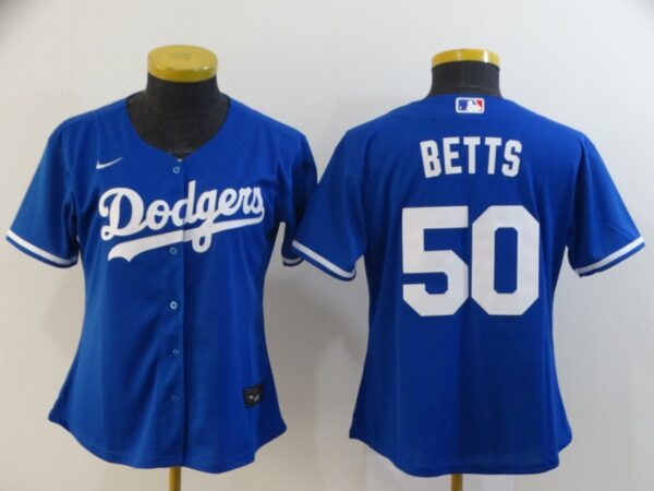 Women Dodgers 50 Mookie Betts Royal Women 2020 Nike Cool Base Jersey