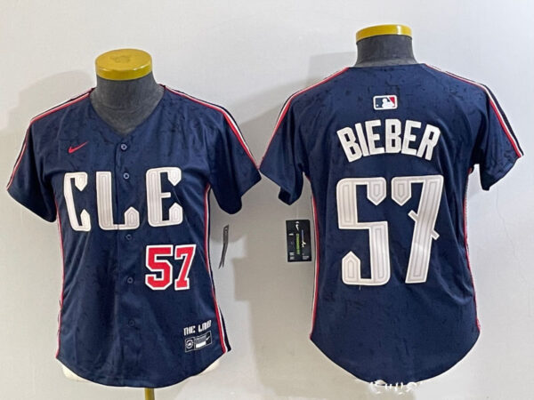 Women's Cleveland Guardians #57 Shane Bieber Navy 2024 City Connect Limited Stitched Baseball Jerseys