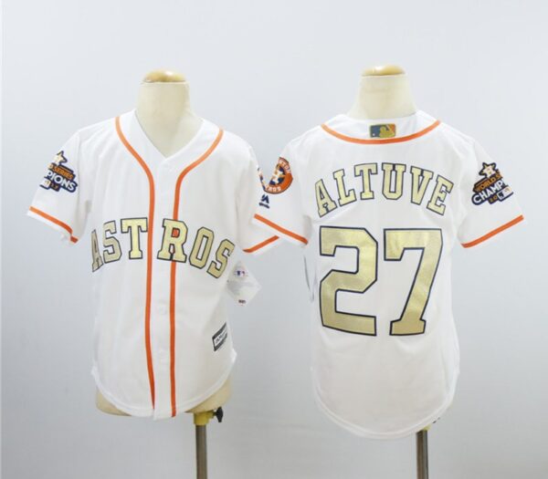 Youth Astros 27 Jose Altuve White Youth 2018 Gold Program Cool Base Jersey