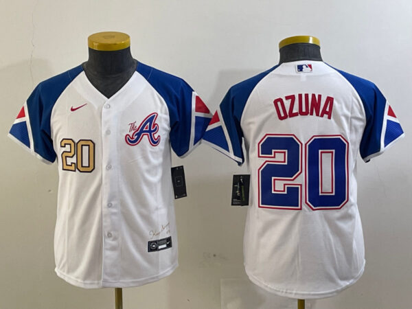 Youth Atlanta Braves #20 Marcell Ozuna White 2023 City Connect Stitched Baseball Jersey(Run Small)