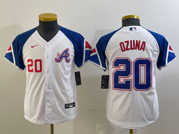 Youth Atlanta Braves #20 Marcell Ozuna White 2023 City Connect Stitched Baseball Jersey(Run Small)