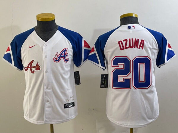 Youth Atlanta Braves #20 Marcell Ozuna White 2023 City Connect Stitched Baseball Jersey(Run Small)