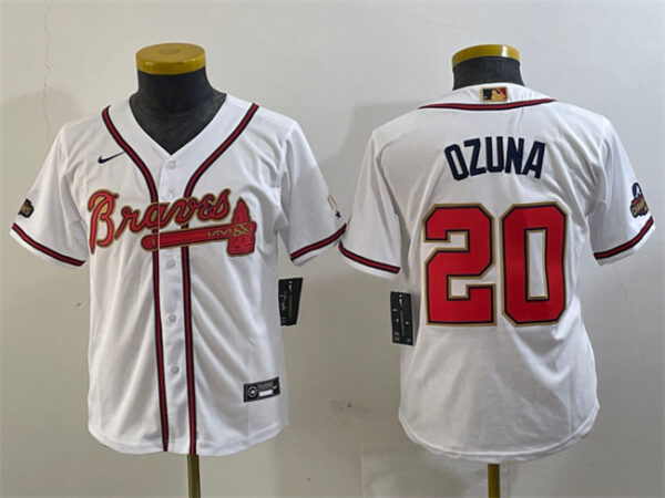 Youth Atlanta Braves #20 Marcell Ozuna White Gold World Series Champions Program Stitched Jersey