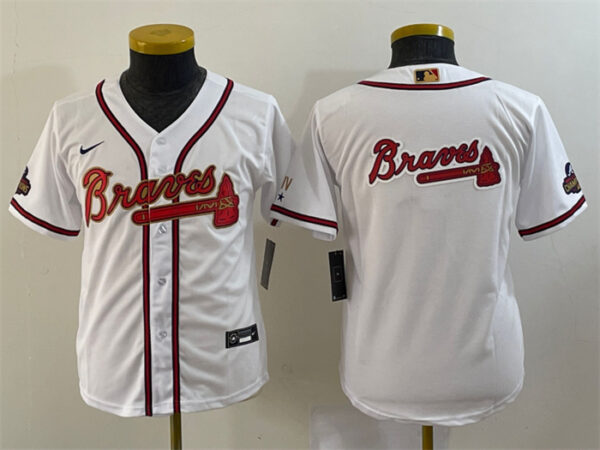 Youth Atlanta Braves Team Big Logo 2022 White Gold World Series Champions Program Stitched Jersey