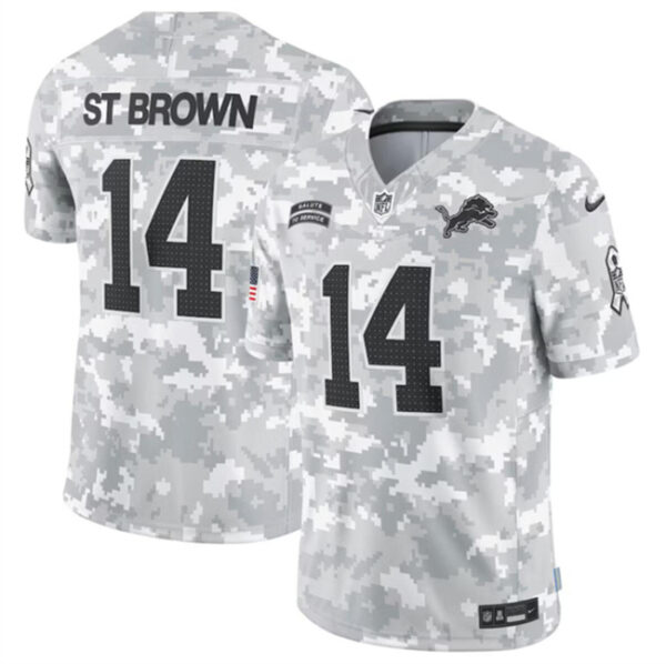 Youth Detroit Lions #14 Amon-Ra St. Brown 2024 F.U.S.E Arctic Camo Salute To Service Limited Stitched Jersey