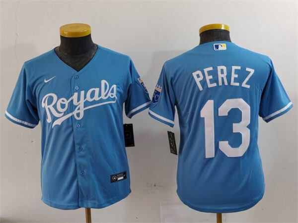 Youth Kansas City Royals #13 Salvador Perez Light Blue Stitched Baseball Jersey