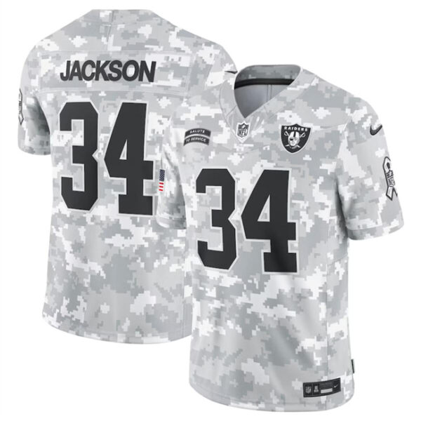 Youth Las Vegas Raiders #34 Bo Jackson 2024 F.U.S.E. Arctic Camo Salute To Service Limited Stitched Football Jersey